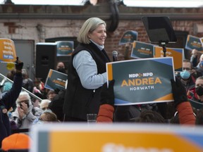 Ontario NDP Leader Andrea Horwath makes an announcement during a rally in Toronto, on Sunday, April 3, 2022.