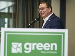 Ontario Green Party Leader Mike Schreiner speaks to candidates at a campaign event in Kitchener on Sunday, April 10, 2022.
