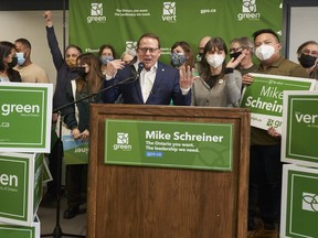 Ontario Green Party Leader Mike Schreiner speaks to candidates at a campaign event in Kitchener on Sunday, April 10, 2022.