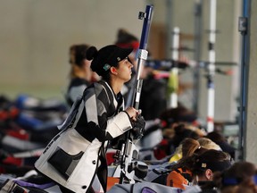 Yarimar Mercado Martinez, of Puerto Rico, competes during the women's 50-metre Rifle 3 Positions qualification, at the Olympic Shooting Center, during the 2016 Summer Olympics in Rio de Janeiro, Brazil, Aug. 11, 2016.