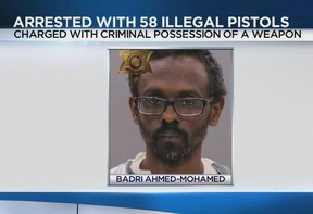 Badri Ahmed-Mohamed, 36, was arrested in New York State. He was pinched with 58 handguns.