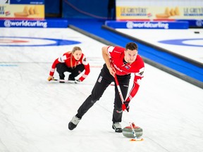 Brett Gallant and Jocelyn Peterman compete at the World Mixed Doubles Curling Championship 2022, Geneva, Switzerland on Friday, April 29, 2022.