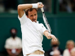 Russia's Daniil Medvedev in action against Poland's Hubert Hurkacz during Wimbledon at the All England Lawn Tennis and Croquet Club in London, July 6, 2021.