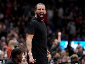 Drake reacts to a foul call during NBA first round playoff action between the Raptors and 76ers in Toronto, Wednesday, April 20, 2022.