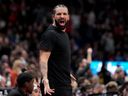 Drake responds to a foul call on Wednesday, April 20, 2022, during the NBA's first round playoff action between the Raptors and the 76ers in Toronto.