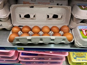 Eggs are displayed at a supermarket in Chicago, Ill., April 13, 2022.
