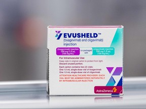 A box of Evusheld is pictured at the AstraZeneca facility for biological medicines in Sodertalje, south of Stockholm, Sweden, on Feb. 8, 2022.