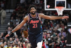 Joel Embiid of the 76ers Center reacts after winning a basket against the Toronto Raptors in Game 6 of the first round of the 2022 NBA Playoffs at the Scotiabank Arena.