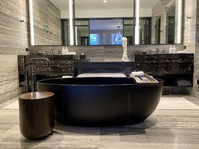 A view of a posh bathroom in one of the many luxury rooms in the Equinox Hotel in Hudson Yards.