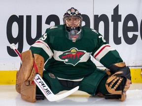 Minnesota Wild goalie Marc-Andre Fleury warms up before a game against the Vegas Golden Knights at Xcel Energy Center.