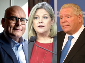 Steven Del Duca, Andrea Horwath and Doug Ford.