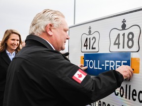 Premier Doug Ford along with Transportation Minister Caroline Mulroney at the presser for the removal of tolls from Hwys. 412 and 418 on Tuesday, April 5, 2022.