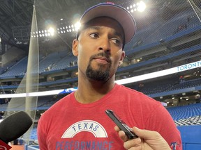 Texas Rangers infielder Marcus Semien speaks to media at Rogers Centre in Toronto on Thursday, April 7, 2022 in advance of a series against the Blue Jays.