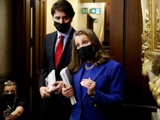 Finance Minister Chrystia Freeland and Prime Minister Justin Trudeau speak to the media before delivering the 2022-23 budget, on Parliament Hill in Ottawa, April 7, 2022.