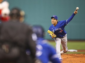 Blue Jays starting pitcher Yusei Kikuchi delivers in the first inning against the Red Sox at Fenway Park in Boston on Tuesday, April 19, 2022.