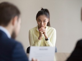 Nervous Asian applicant stressed at job interview