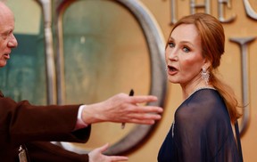 British writer J.K Rowling reacts on the red carpet after arriving to attend the World Premiere of the film "Fantastic Beasts: The Secrets of Dumbledore" in London on March 29, 2022. (Photo by TOLGA AKMEN/AFP via Getty Images)