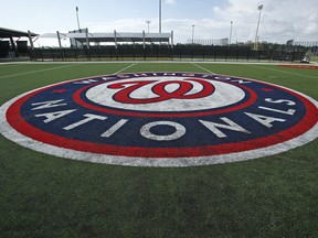 The Washington Nationals logo on one of the practice fields at  The Ballpark of the Palm Beaches prior to a spring training game against the Houston Astros on February 28, 2017 in West Palm Beach, Florida.
