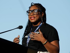 Black Lives Matter Co-Founder Alicia Garza speaks during the Women's March "Power to the Polls" voter registration tour launch at Sam Boyd Stadium on January 21, 2018, in Las Vegas, Nevada. (Photo by Sam Morris/Getty Images)