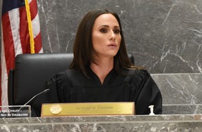 Circuit Judge Elizabeth Scherer calls a delay in a hearing for Florida school shooting suspect Nikolas Cruz in order to find a court reporter, April 27, 2018, in Fort Lauderdale, Florida.  (Photo by Taimy Alvarez-Pool/Getty Images)