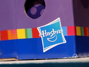 The Hasbro, Inc. logo is seen on a toy for sale in a store in Manhattan, N.Y., Nov. 16, 2021.