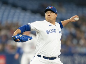 Toronto Blue Jays starting pitcher Hyun Jin Ryu throws a pitch during the first inning against the Oakland Athletics at Toronto's Rogers Centre on April 16, 2022.