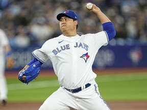 Toronto Blue Jays pitcher Hyun Jin Ryu pitches to the Texas Rangers during the first inning at Rogers Centre in Toronto, April 10, 2022.