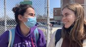 Oceane Parent and Emma Watt outside Malvern Collegiate Wednesday where students say about half of their peers still wear masks. 