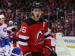 New Jersey Devils centre Jack Hughes celebrates his goal against the Montreal Canadiens at Prudential Center.