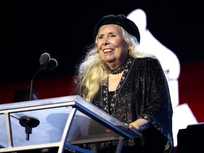 Joni Mitchell accepts the Person of the Year award onstage during MusiCares Person of the Year honouring Joni Mitchell at MGM Grand Marquee Ballroom on April 1, 2022 in Las Vegas, Nevada.