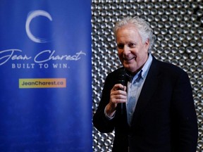 Veteran Conservative Party figure Jean Charest launches his bid for the party leadership at an event in Calgary, March 10, 2022.