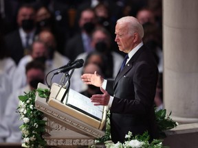 U.S. President Joe Biden speaks during the funeral service for former U.S. Secretary of State Madeleine Albright at the Washington National Cathedral in Washington, D.C., Wednesday, April 27, 2022.