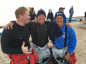 Joe Lorenz, Jeff Guy and Kwin Morris at Whitefish Point after crossing Lake Superior in July of 2018