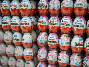 In this file photo taken on November 18, 2014, chocolate Kinder Eggs are on display in a supermarket in Hanover, Germany.