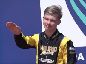 Russian go-karter Artem Severiukhin appears to give a Fascist-style salute on the podium at a race in Portugal last weekend.