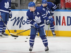 Maple Leafs winger Mitch Marner warms up during a recent game against the Montreal Canadiens.