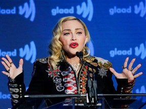 Madonna speaks to guests after receiving the Advocate for Change award during the 30th annual GLAAD awards ceremony in New York City, May 4, 2019.