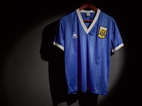 This undated handout photo courtesy of Sotheby's shows the 1986 FIFA World Cup match shirt of Argentine soccer player Diego Maradona, which he was wearing when he scored the "Hand of God" goal.