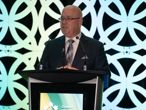 Ontario's Municipal Affairs and Housing Minister Steve Clark delivers the keynote address to OHBA members at its Industry Leaders Dinner held Monday, April 11, 2022 in Toronto.