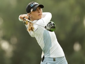 Nelly Korda plays her tee shot on the 16th hole during the ANA Inspiration at the Dinah Shore course at Mission Hills Country Club on September 11, 2020 in Rancho Mirage, California.