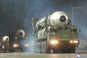 North Korean Leader Kim Vows To Increase Nuclear Arsenal At Icbm Parade Hwasong-17 Icbms Take Part In A Nighttime Military Parade Marking The 90Th Anniversary Of The Founding Of The Korean People'S Revolutionary Army In Pyongyang, North Korea, In This Undated Photo Released By North Korea'S Central News Agency (Kcna) In April. 26, 2022.