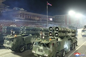 North Korean Leader Kim Vows To Increase Nuclear Arsenal At Icbm Parade Multiple Rocket Launchers Take Part In A Nighttime Military Parade Marking The 90Th Anniversary Of The Founding Of The Korean People'S Revolutionary Army In Pyongyang, North Korea. In This Undated Photo Released By The North Korea Central News Agency (Kcna) On April 26, 2022.