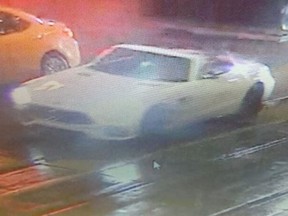 An image released by Toronto Police of a convertible sought in a hit-run that injured a woman on Spadina Ave. south of King St. W. on April 14, 2022.