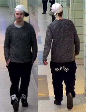 Security footage of a suspect sought in an assault with a weapon investigation at the St. George subway station. TORONTO POLICE HANDOUT