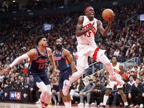 The Raptors' Pascal Siakam drives to the hoop against the Philadelphia 76ers during Game 4 of their playoff series on Saturday at Scotiabank Arena.