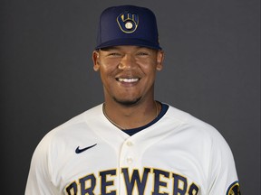 Pedro Severino poses for a portrait during the Milwaukee Brewers photo day at American Family Fields of Phoenix on March 17, 2022 in Phoenix, Ariz.
