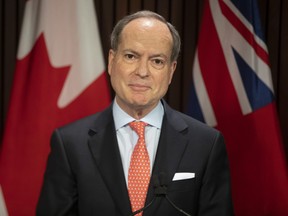 Ontario Finance Minister Peter Bethlenfalvy takes to the podium during a news conference in Toronto on Wednesday, April 28, 2021.