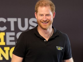 Prince Harry, Duke of Sussex, plays table tennis during day four of the Invictus Games The Hague 2020 at Zuiderpark on April 19, 2022 in The Hague, Netherlands.