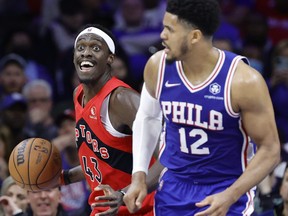 Pascal Siakam #43 of the Toronto Raptors controls the ball in the third quarter against the Philadelphia 76ers during Game Five of the Eastern Conference First Round at Wells Fargo Center.