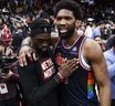 Joel Embiid #21 of the Philadelphia 76ers and Pascal Siakam #43 of the Toronto Raptors embrace after the 76er's 132-97 win in Game Six of the Eastern Conference First Round at Scotiabank Arena on April 28, 2022 in Toronto.